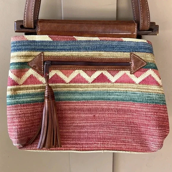 Vintage Boho Southwestern Textile Purse with Leather Trim Convertible Strap